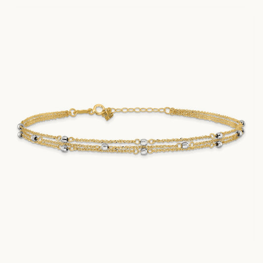 Triple Strand 9in Plus 1in ext. Anklet, 14K Two-tone