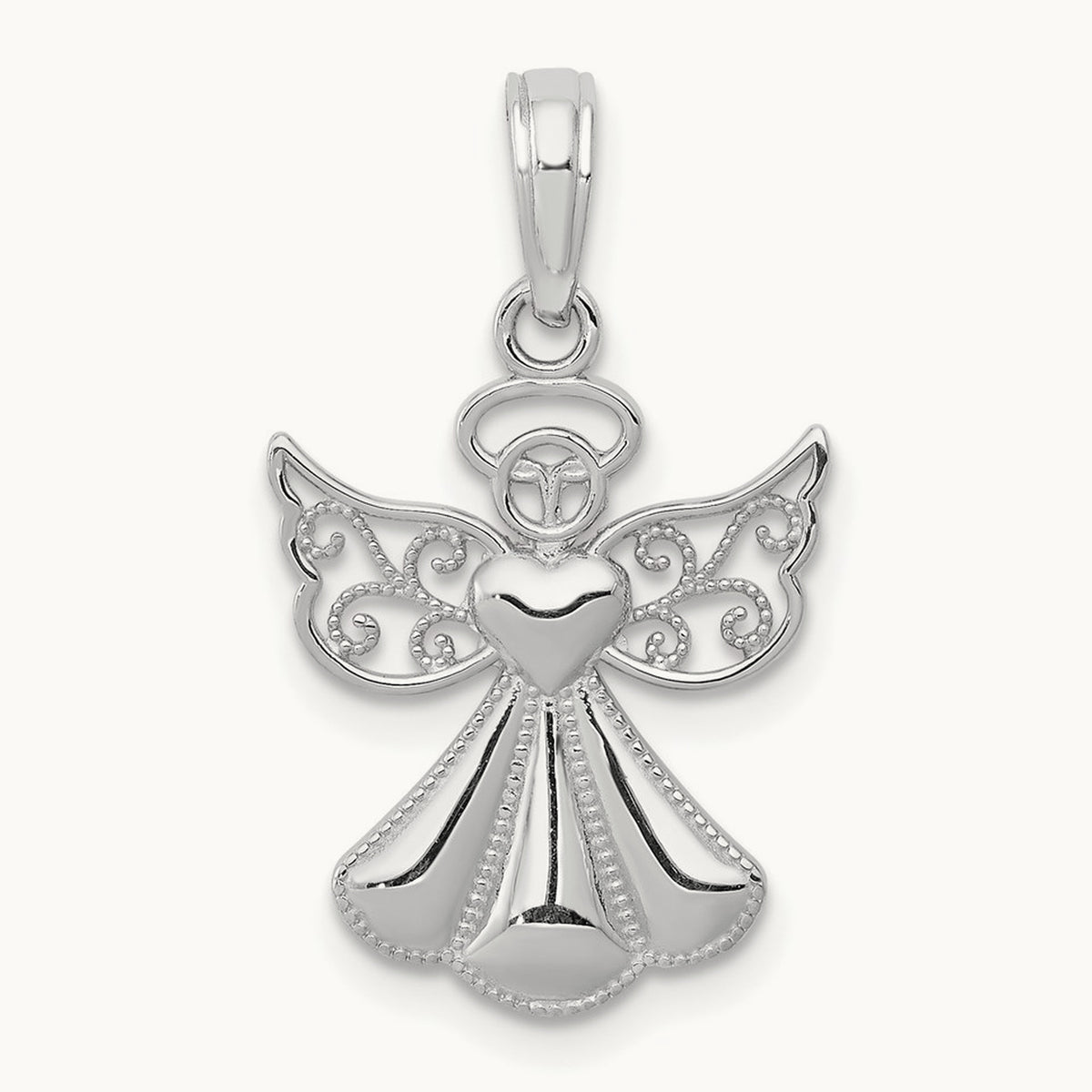 Polished/Textured Guardian Angel W/Heart Pendant — 14K White Gold