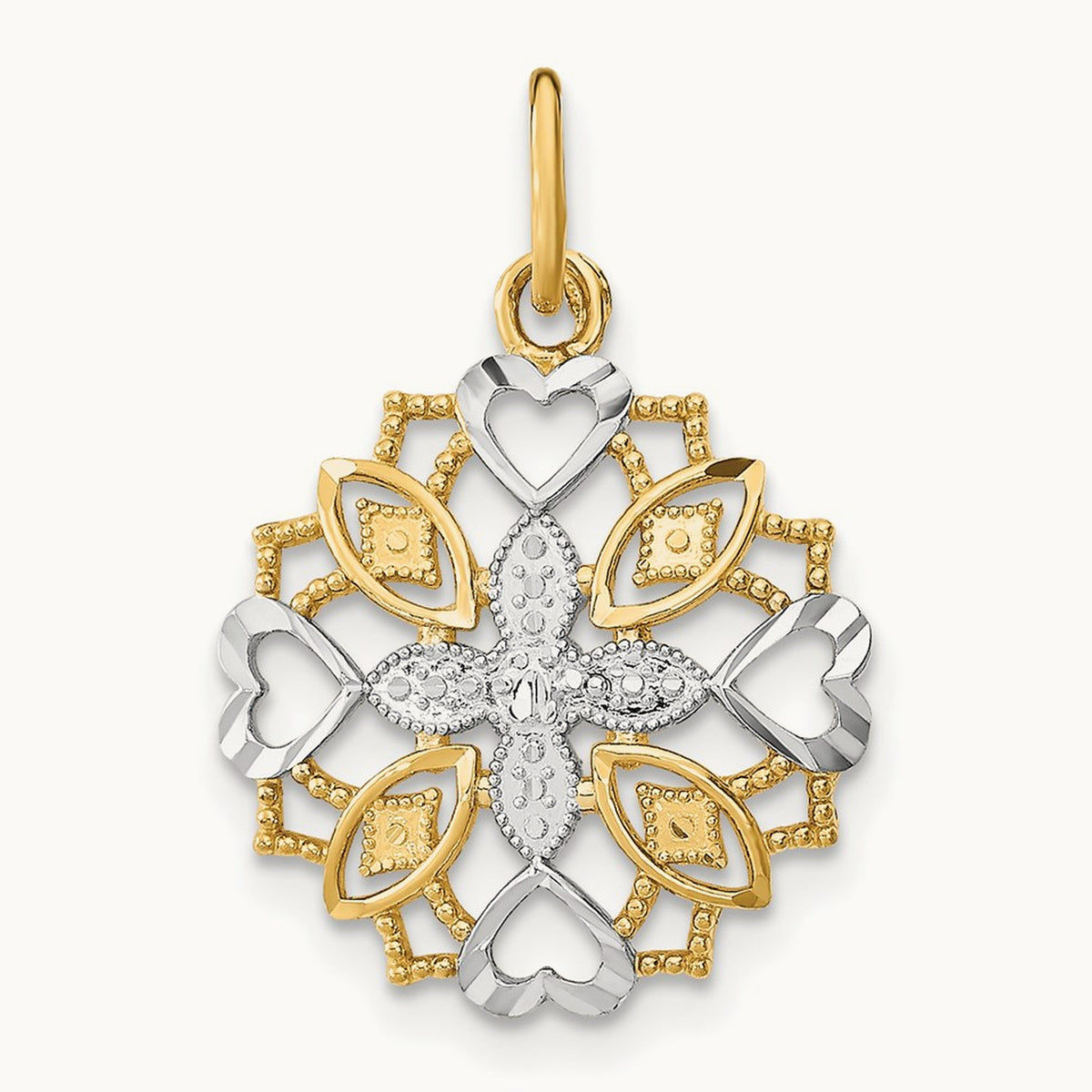 w/Rhodium Center Flower and Heart Charm, 14K