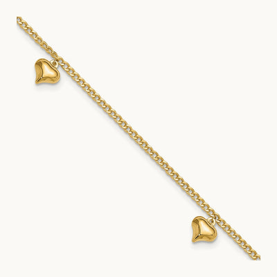 Polished 3 Puffed Heart 9in Plus 1in ext Anklet, 14K
