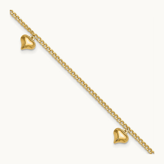 Polished 3 Puffed Heart 9in Plus 1in ext Anklet, 14K