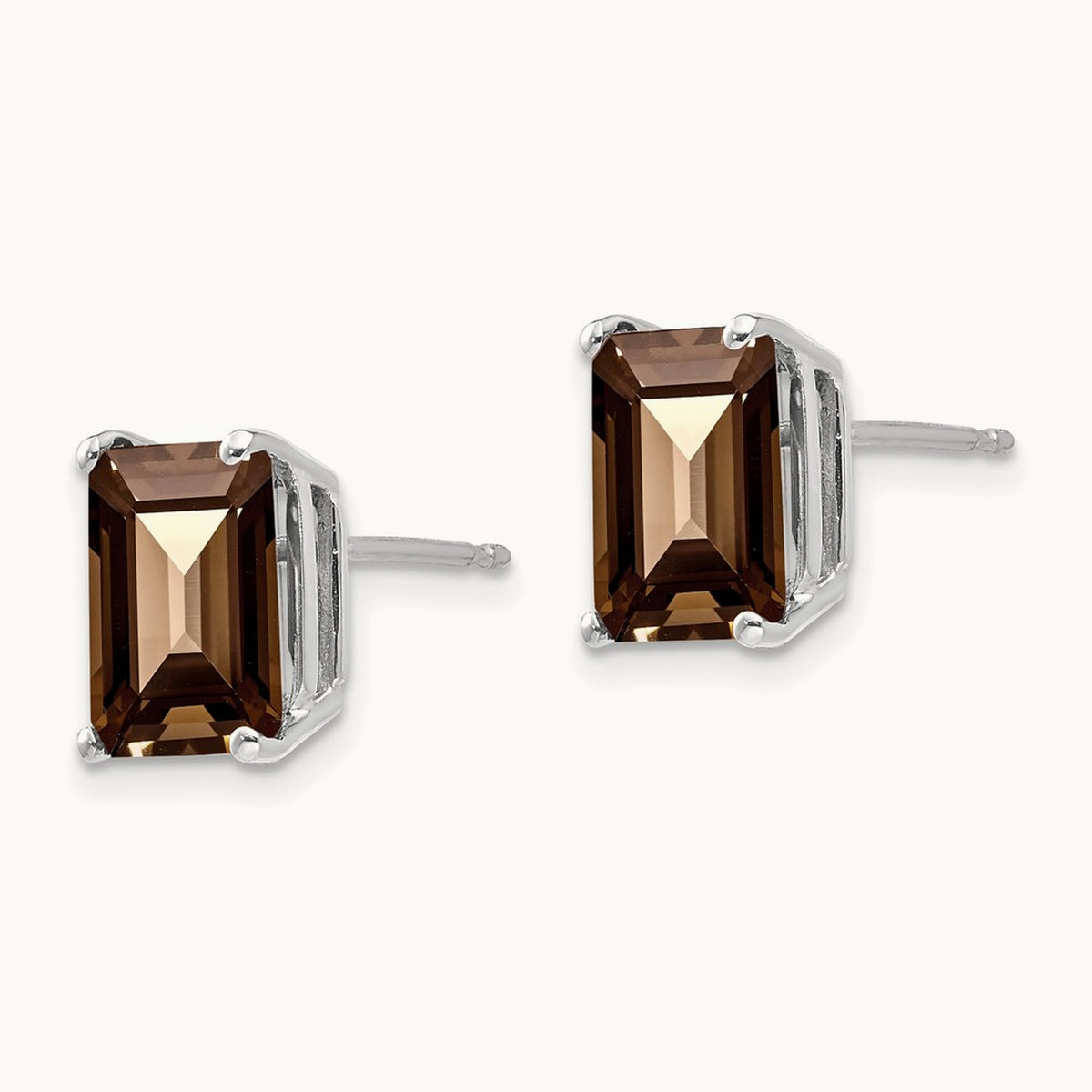 9x7mm Emerald Smoky Quartz Earrings, 14K White Gold
