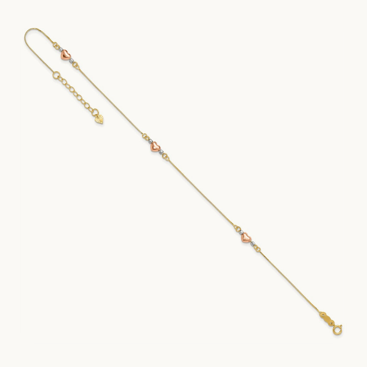 Tri-Color Puffed Heart 10in Plus 1in ext Anklet, 14K