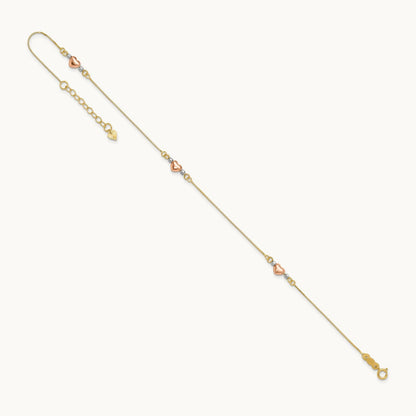 Tri-Color Puffed Heart 10in Plus 1in ext Anklet, 14K