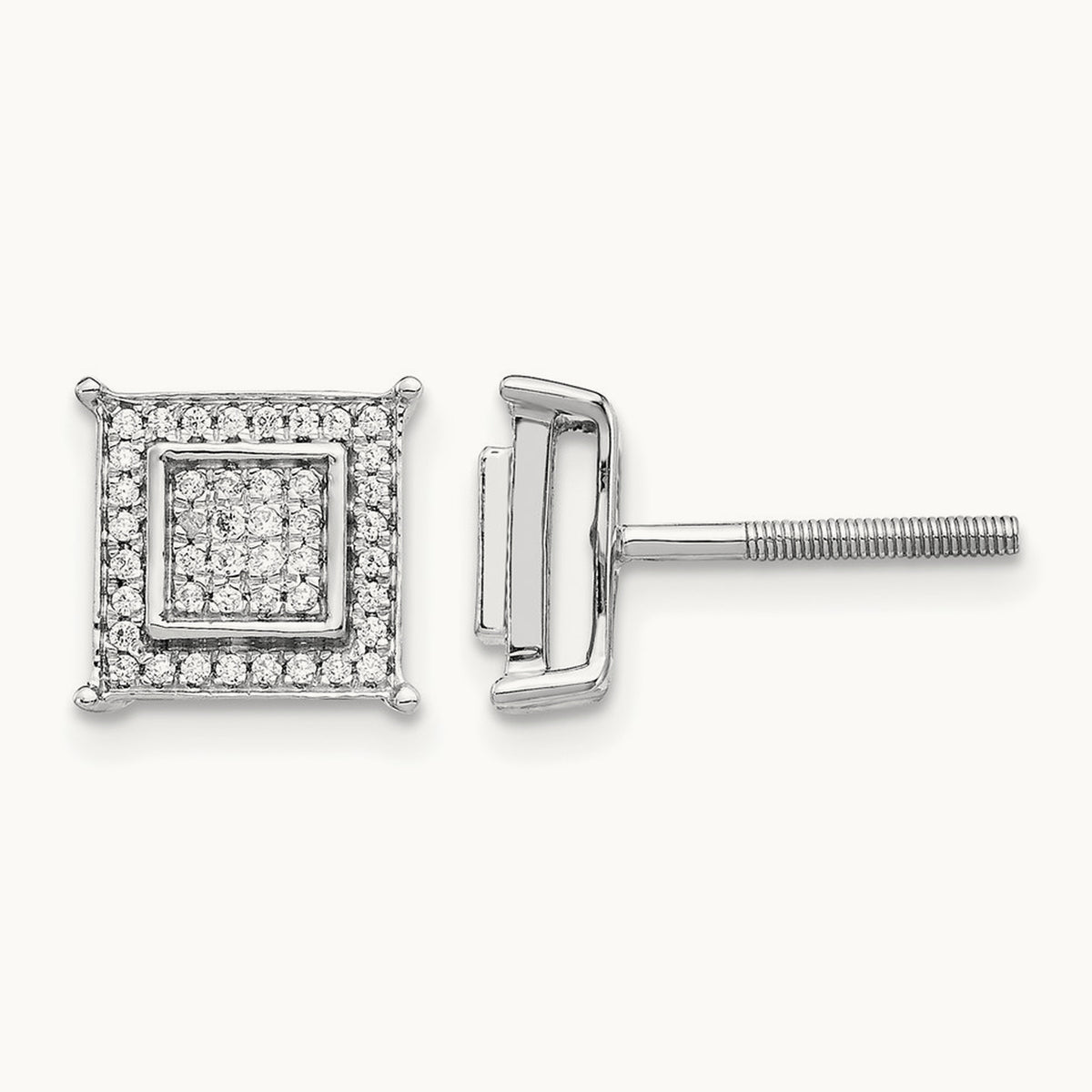 Diamond Small Double Square Bezel Post Earrings — 14K White Gold