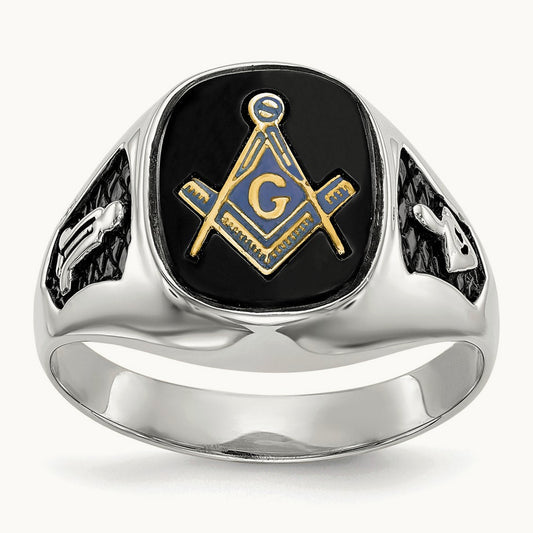 Men's Polished & Textured w/ Black Enamel & Onyx Masonic Ring, 14K White Gold