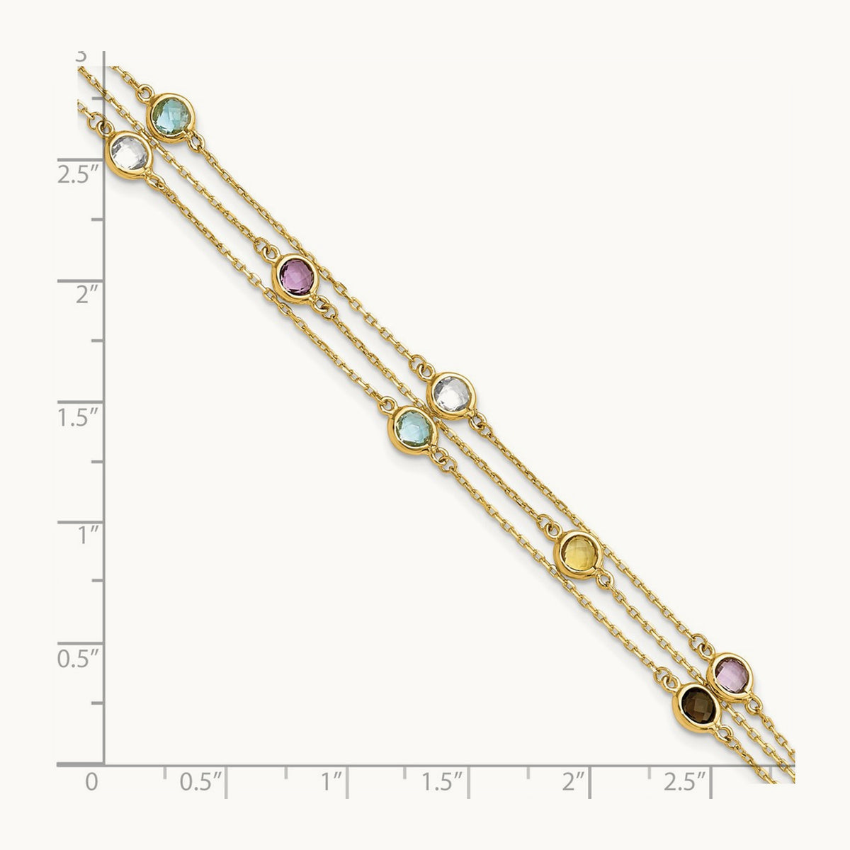 Smoky Quartz White Quartz/BT/CI/AM 3-strand 7.5in Bracelet, 14K
