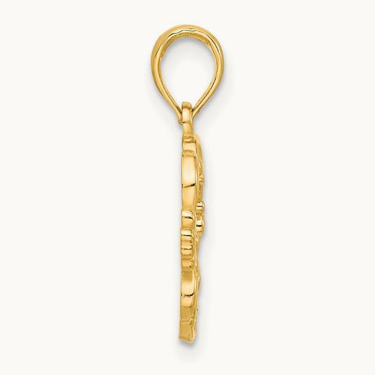 Polished Floral with Bird Circle Pendant, 14K