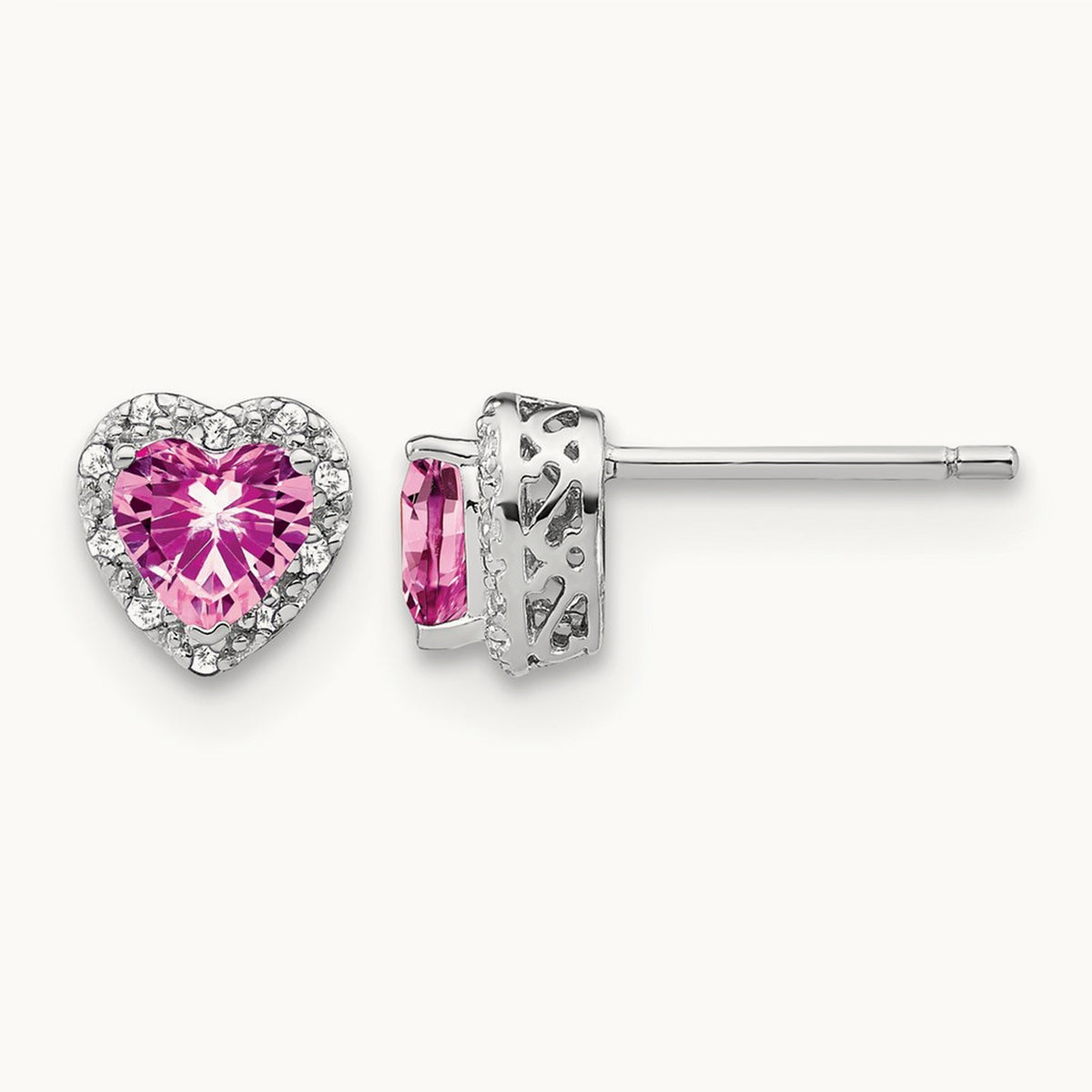 Heart Created Pink Sapphire Post Earrings, 0.10 ct tw Lab-Grown Diamond