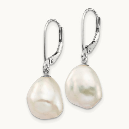 10x13mm Keshi White FWC Pearl Dangle Earrings, 14K White Gold