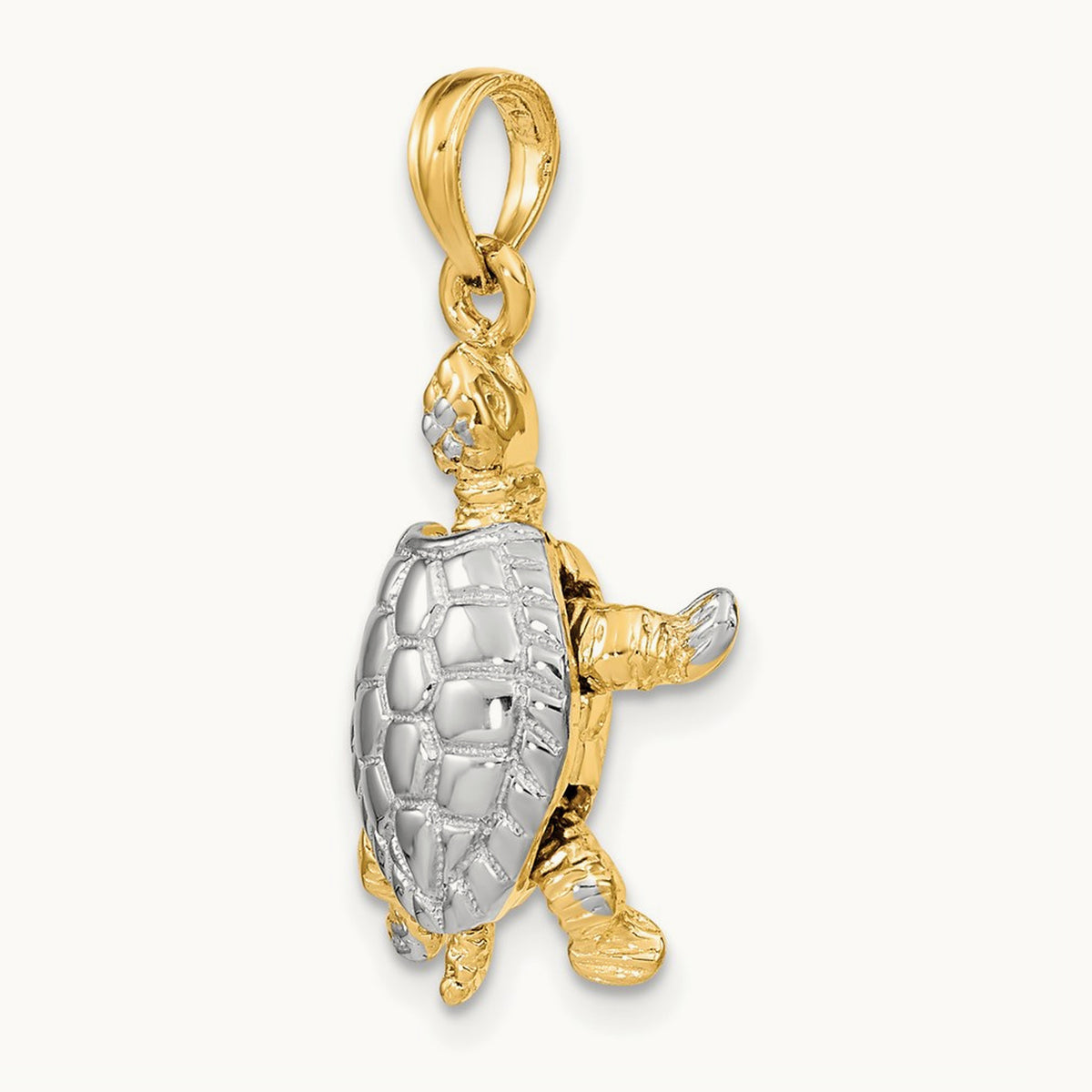 3-D Land Turtle W/ Moveable Head Charm, 14K with White Rhodium