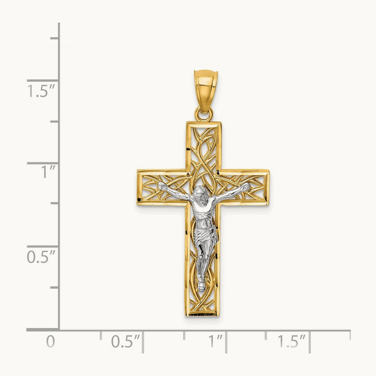 Satin Polished D/C Crucifix W/Vines Pendant, 14K Two-tone