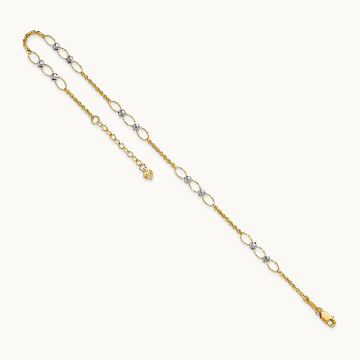 Polished Oval Link Beads 9in Plus 1in ext. Anklet, 14K Two-tone