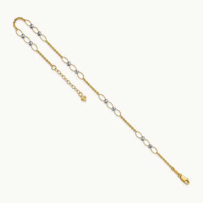 Polished Oval Link Beads 9in Plus 1in ext. Anklet, 14K Two-tone