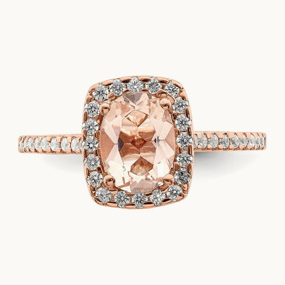 Morganite Diamond Halo Complete Engagement Ring, 14K Rose Gold