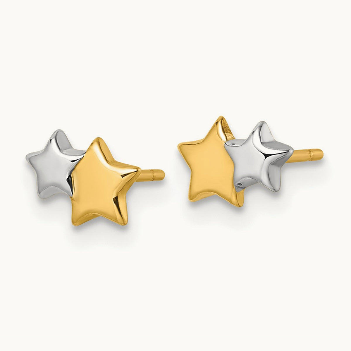 w/Rhodium Polished Double Star Post Earrings, 14K