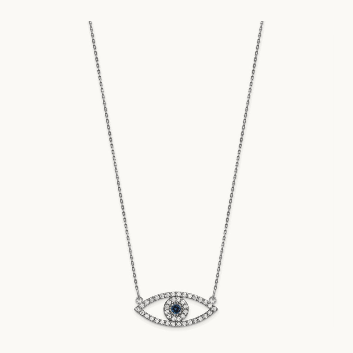 Medium Necklace Diamond and Sapphire Evil Eye, 14K White Gold