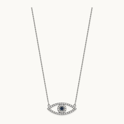 Medium Necklace Diamond and Sapphire Evil Eye, 14K White Gold