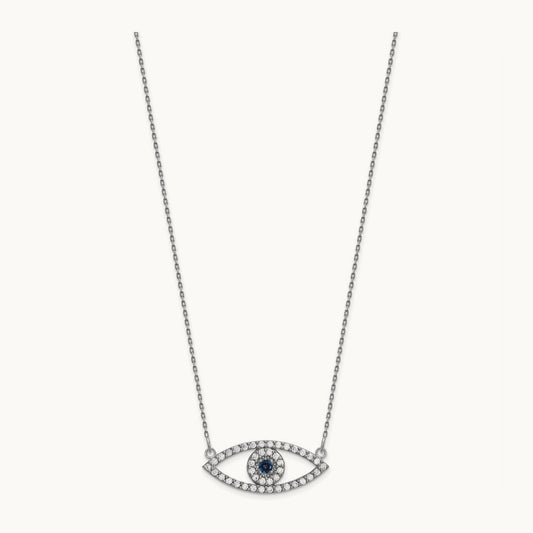 Medium Necklace Diamond and Sapphire Evil Eye, 14K White Gold