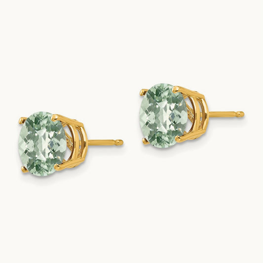 Round Checker-Cut Green Quartz Earring, 8mm, 14K