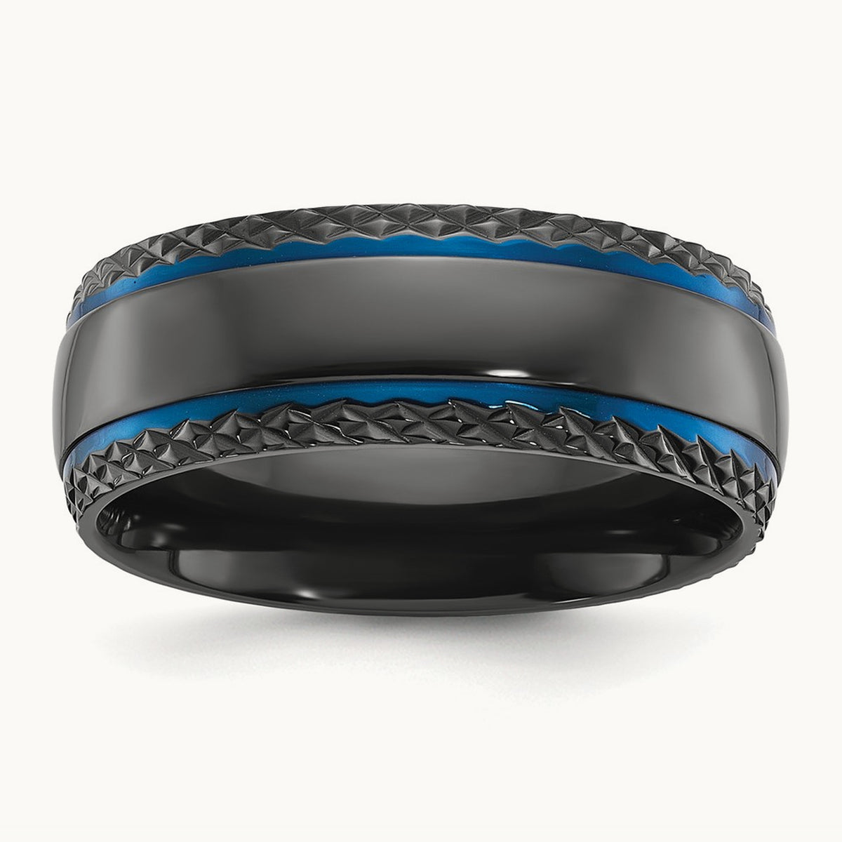 Black Zirconium Polished Blue IP-plated w/ Textured Edge Band, 8mm