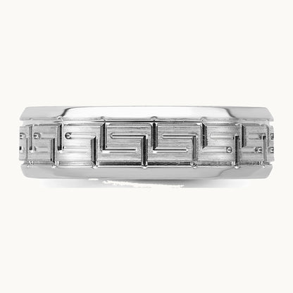 Sterling Silver Rhodium-plated Grooved 6mm Brushed Greek Key Band