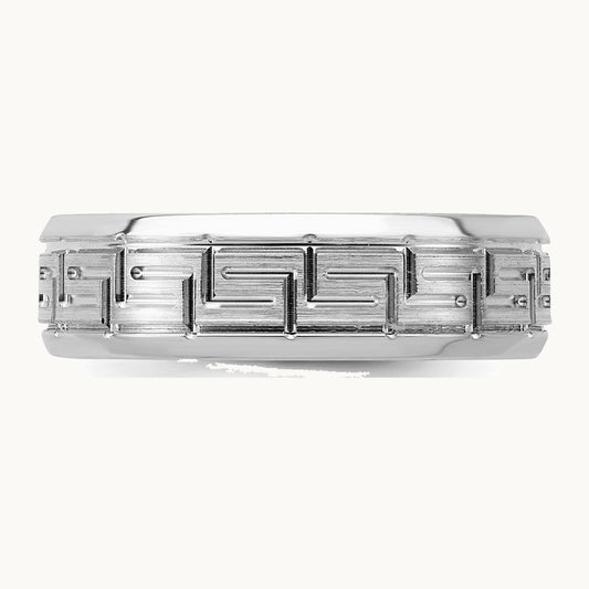 Sterling Silver Rhodium-plated Grooved 6mm Brushed Greek Key Band