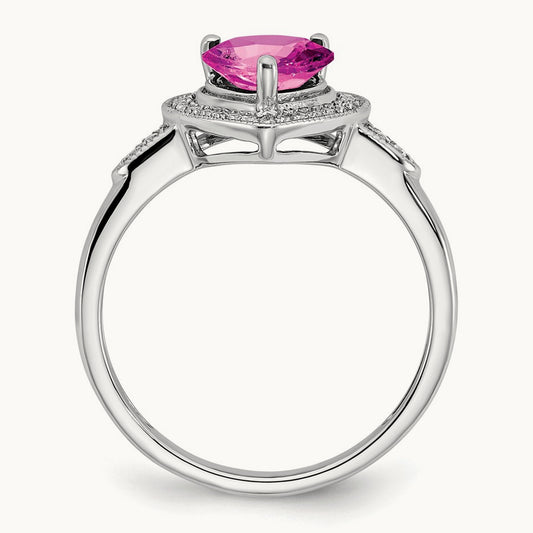 Heart Created Pink Sapphire and Diamond Halo Ring, 14K White Gold