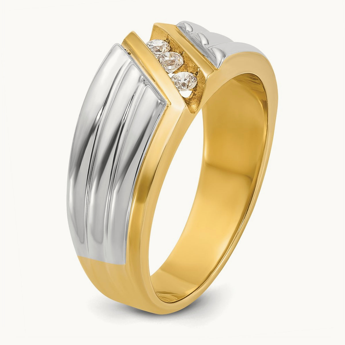 14ktt IBGoodman Men's Polished and Grooved 3-Stone Diamond Ring
