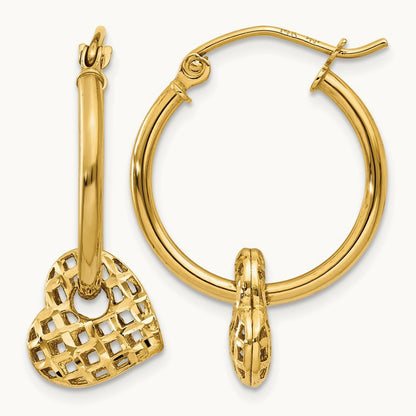 Moveable Heart Hoop Earrings, 14K