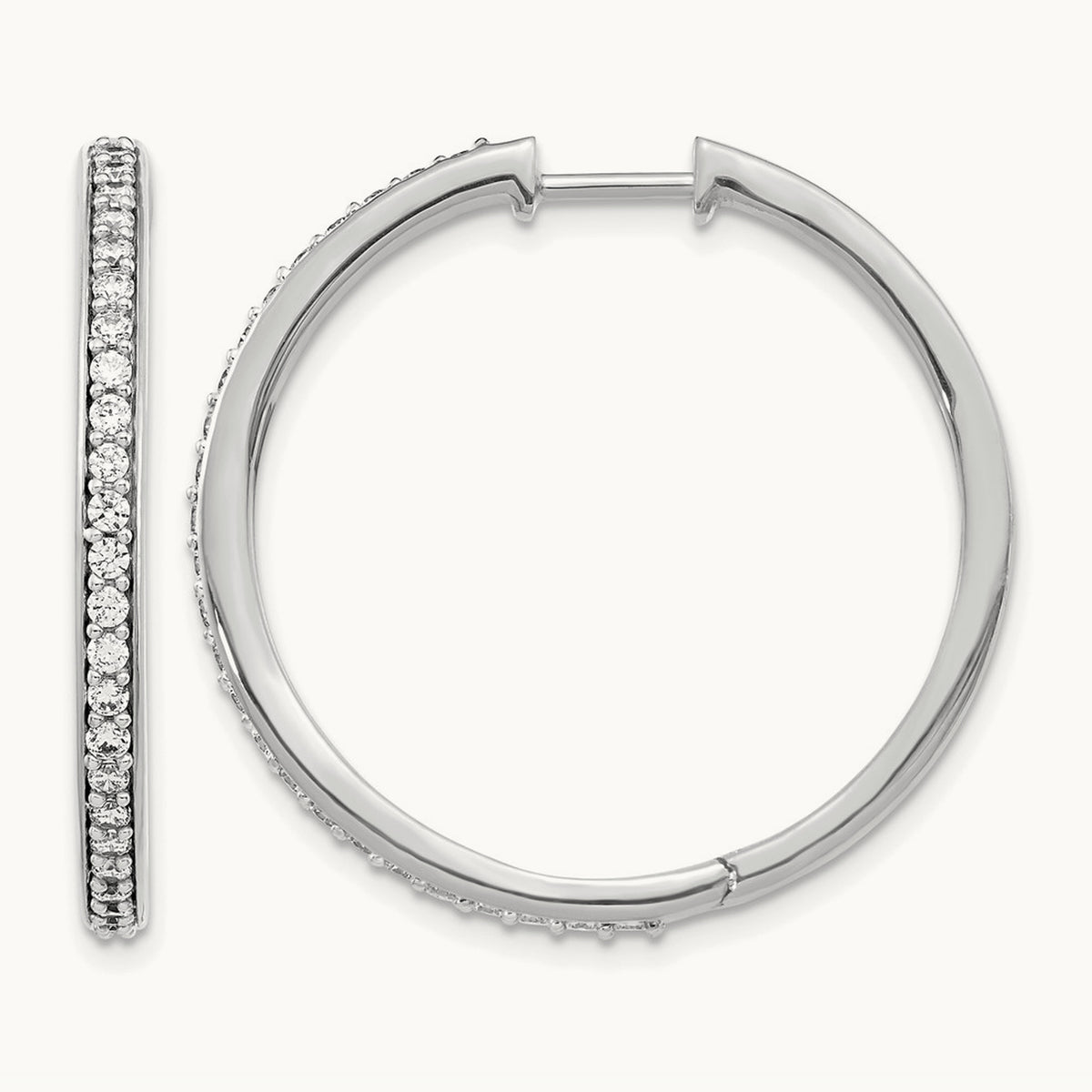 Diamond Hinged Hoop Earrings — 14K White Gold, 30mm, 0.75 ct