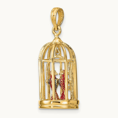 w/ Enamel 3-D Bird Cage w/ 2 Birds and Doors Open Charm, 14K