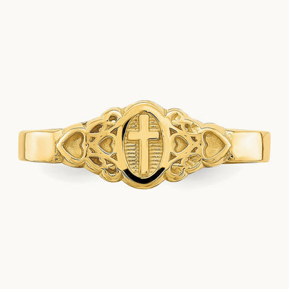 Cross Inside Oval W/Scroll and Heart Ring, 14K