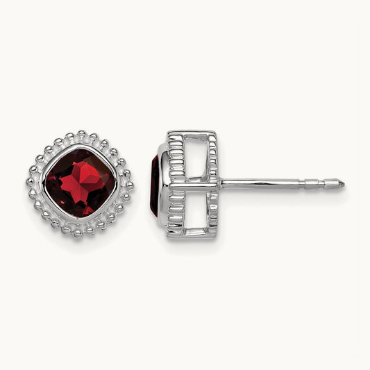 Cushion Garnet Earrings, 14K White Gold