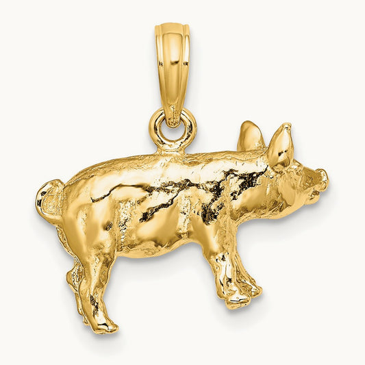 3-D Textured Farm Pig Charm, 14K