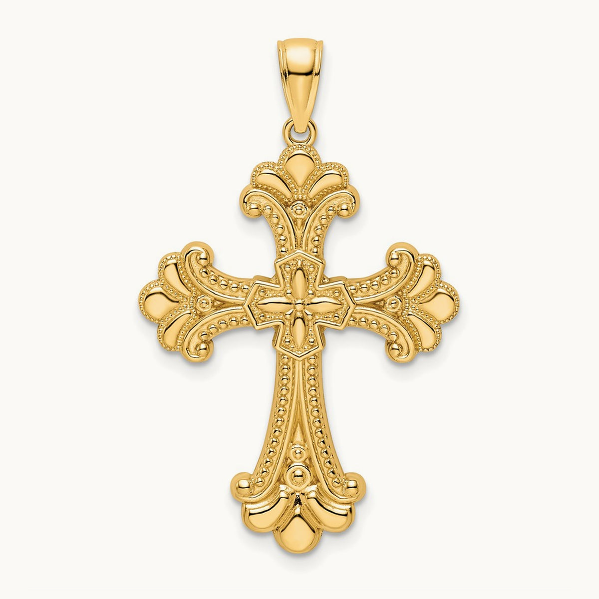 Polished Beaded Fancy Cross Pendant, 14K