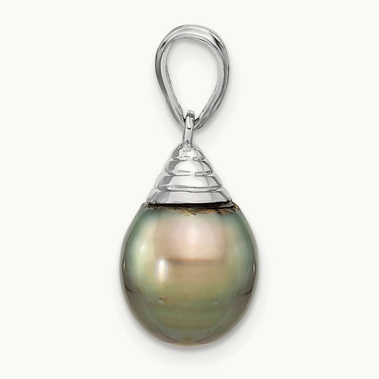 9- Teardrop Black Saltwater Tahitian Pearl Pendant — 14K White Gold