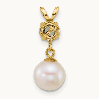 7- Round White FWC Pearl and Blue Topaz Pendant, 8mm, 14K