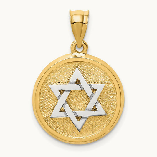 Solid Satin Finish Flat Back Star of David Disc Charm, 14K Two-tone