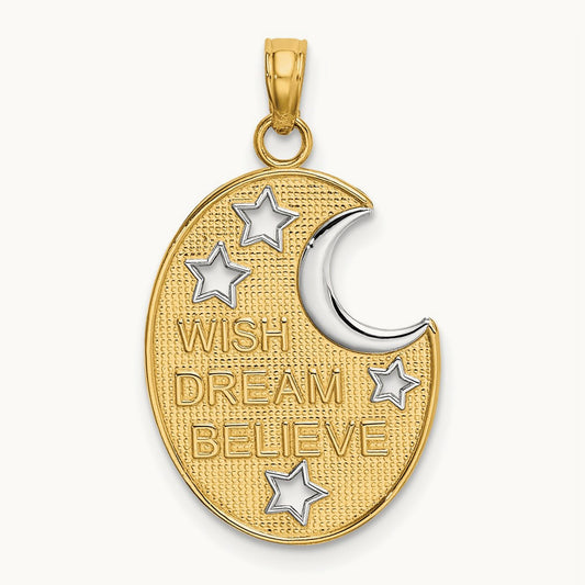 w/ Rhodium WISH DREAM BELIEVE Moon and Stars Charm, 14K