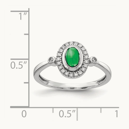 Diamond and Oval Cabochon Emerald Halo Ring, 14K White Gold