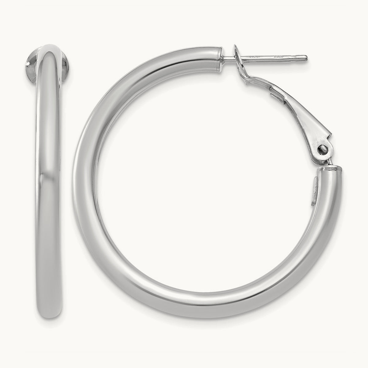 Polished Round Omega Back Hoop Earrings — 14K White Gold, 3x32mm