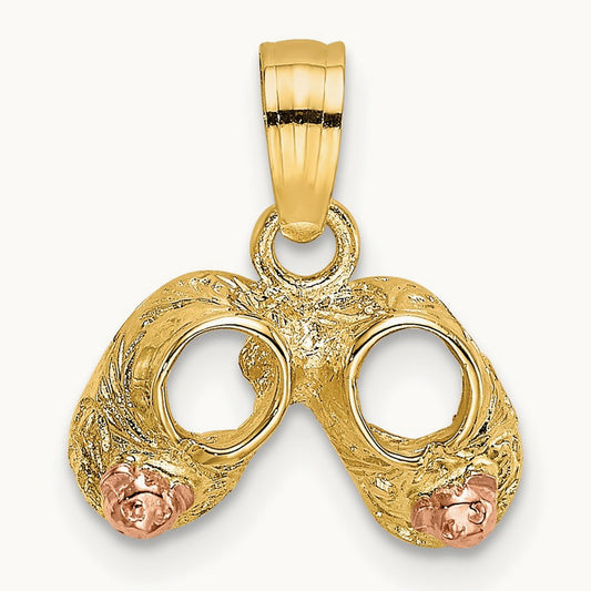 3D Two-Tone Baby Booties w/ Teddy Bear Charm, 14K