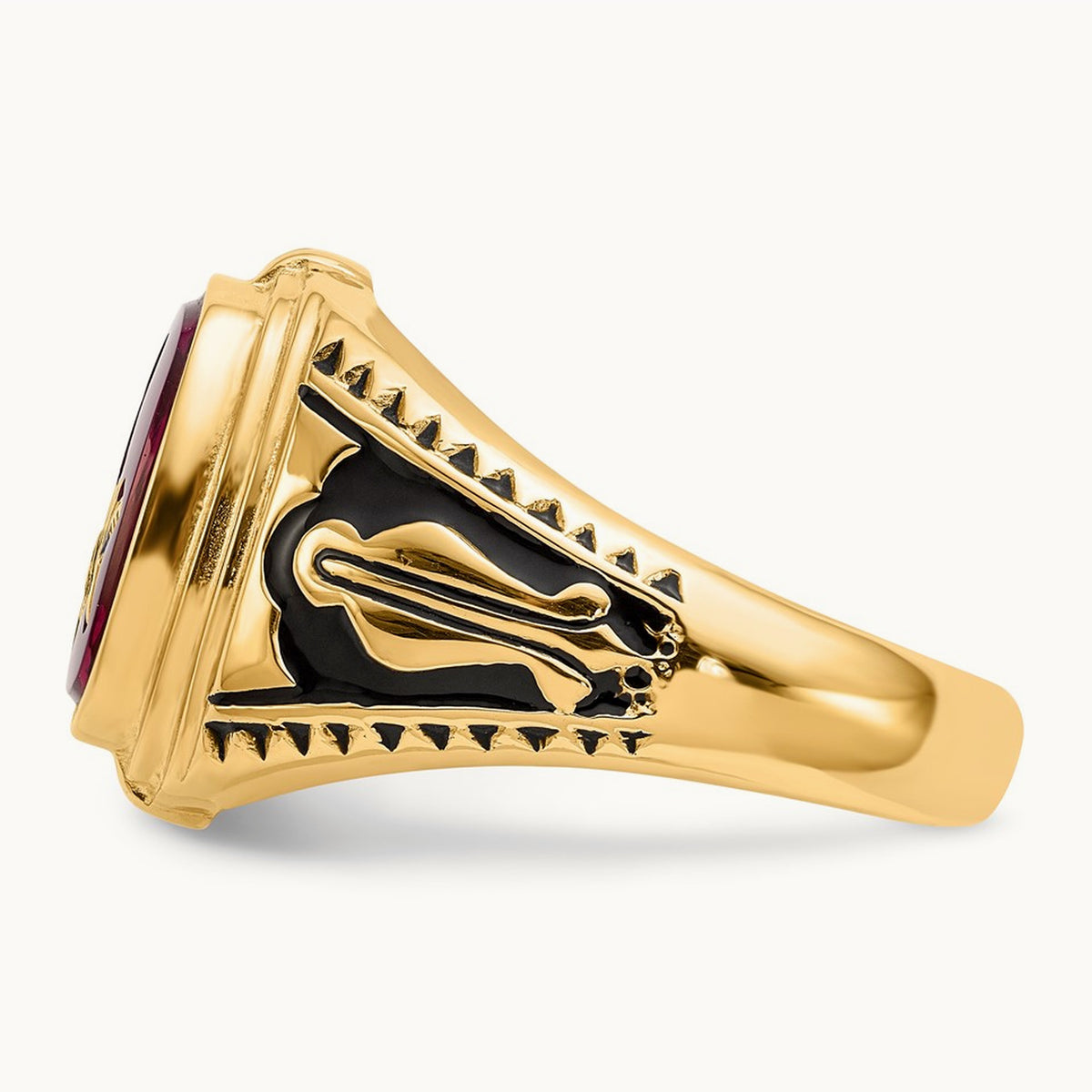 Men's Textured w/ Black Enamel & Lab Cr. Ruby Masonic Ring, 14K