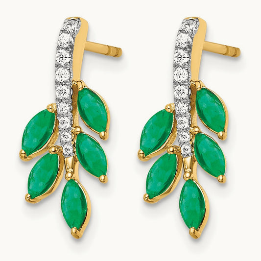 Emerald and Diamond Leaf Earrings, 14K