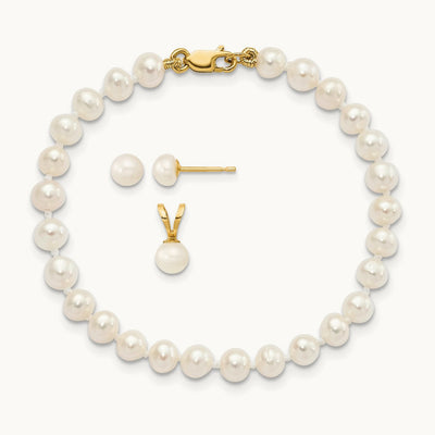 4- White FW Cultured Pearl Pendant, 5in Bracelet & Earring Set, 5mm, 14K