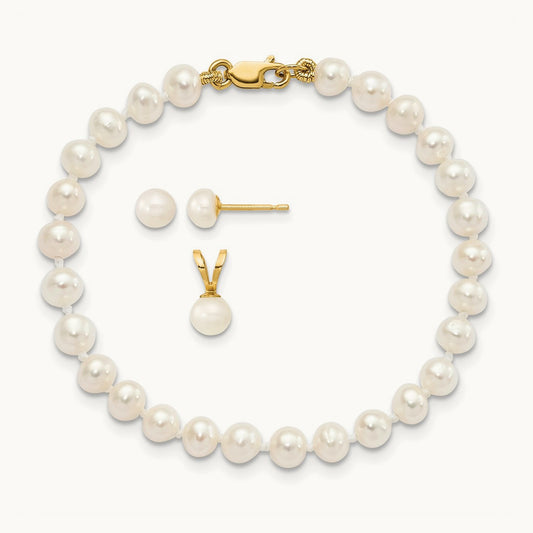 4- White FW Cultured Pearl Pendant, 5in Bracelet & Earring Set, 5mm, 14K