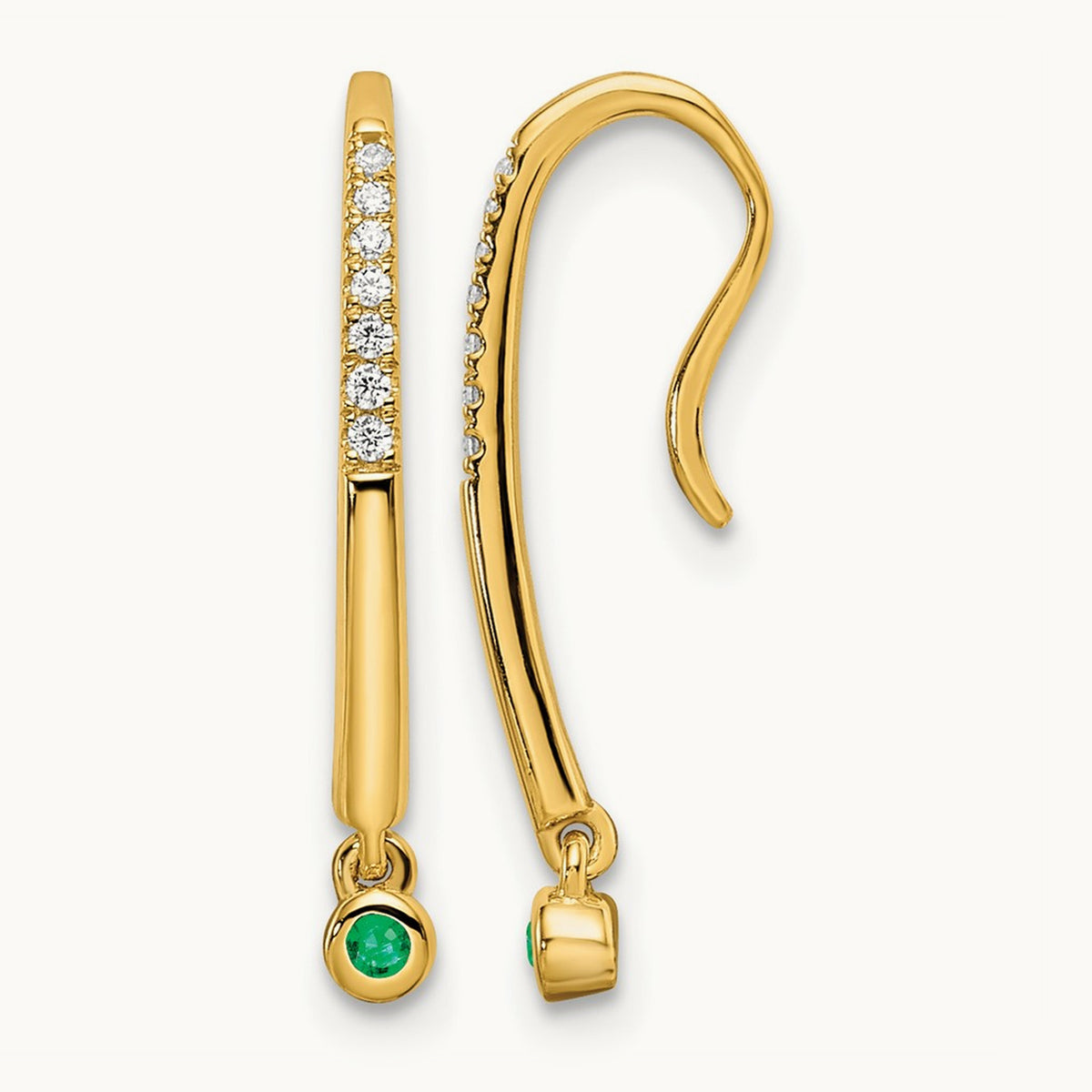 Polished Diamond and Emerald Drop Wire Earrings, 14K