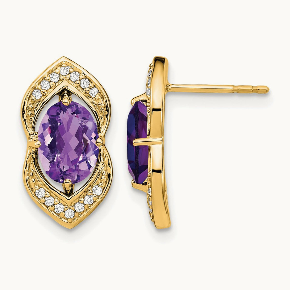 Amethyst and Diamond Post Earrings, 14K