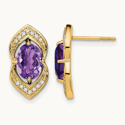Amethyst and Diamond Post Earrings, 14K